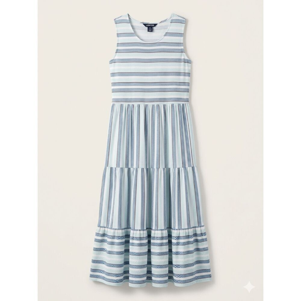LANDS END Sleeveless Tiered Striped Blue Aqua Cotton Blend Maxi Dress Large - Picture 1 of 5